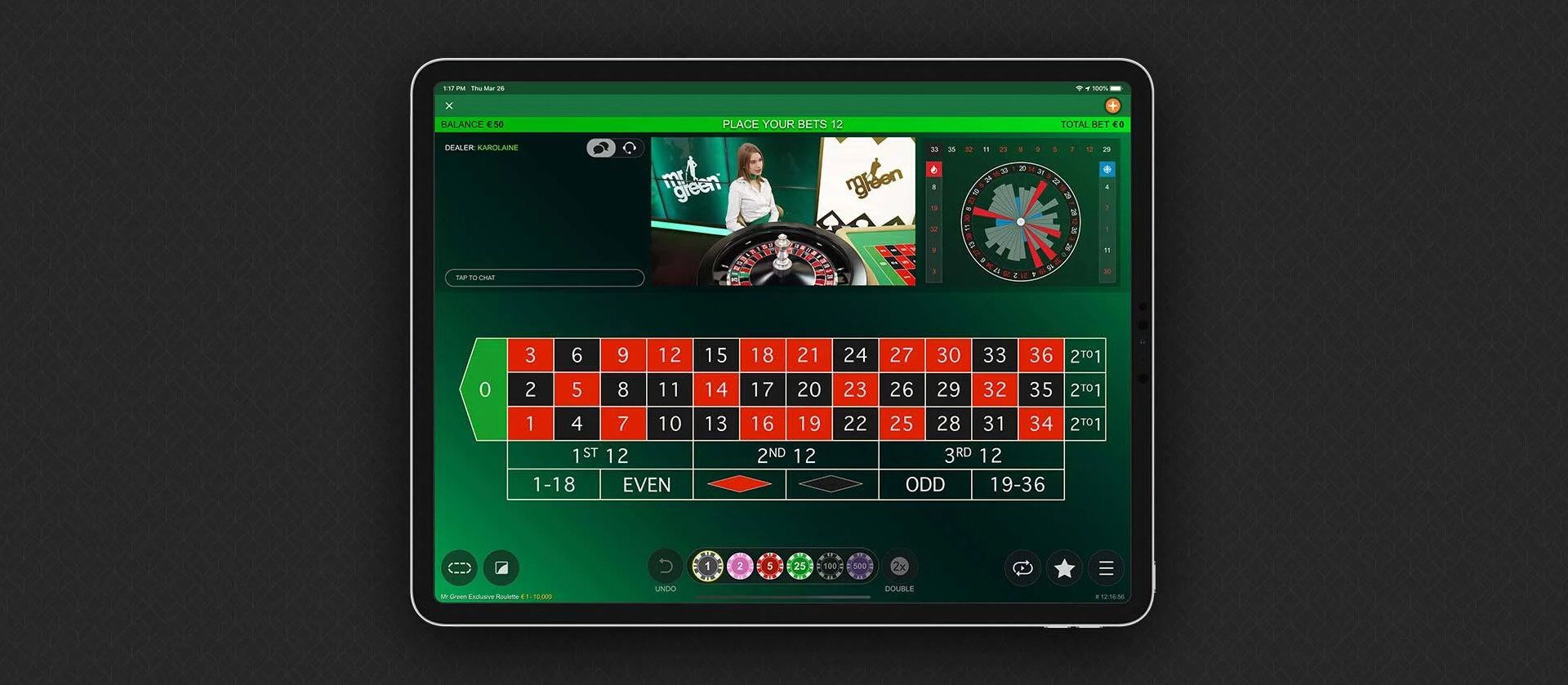 Live roulette on mobile app.